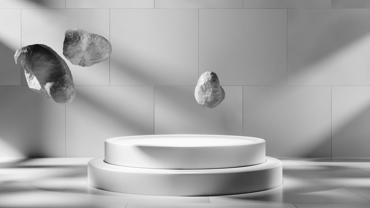 Abstract scene with floating stones and a pedestal in monochromatic lighting