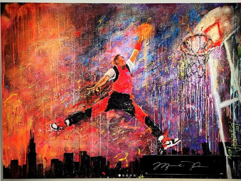 Colorful graffiti art of basketball player in red jersey jumping toward hoop