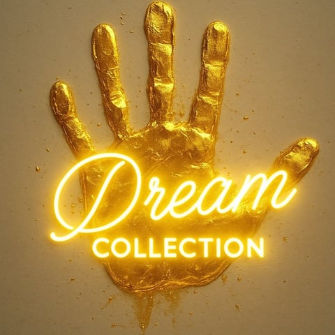 Golden hand sculpture with yellow neon Dream Collection text on beige background